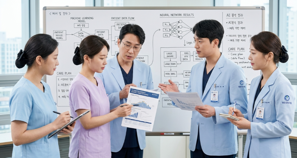 전문적인 유니폼을 입은 한국인 돌봄 전문가들이 화이트보드 앞에서 AI 분석 보고서를 검토하며 회의