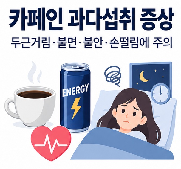 카페인 과다섭취 증상과 두근거림 불면 불안 손떨림 위장 불편을 보여주는 건강 교육 이미지