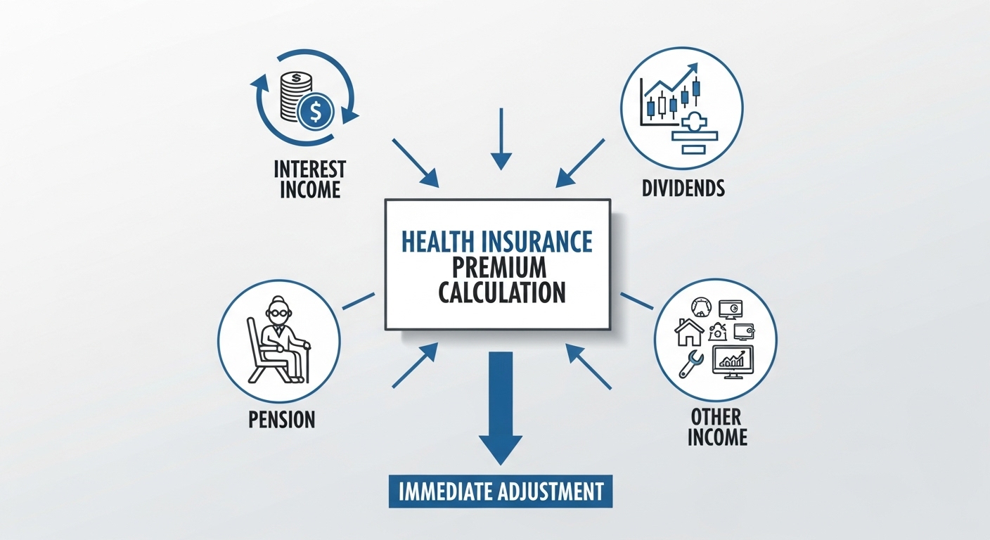 이자, 배당, 연금, 기타 소득이 즉시 건강보험료에 반영되는 과정을 시각화한 인포그래픽.