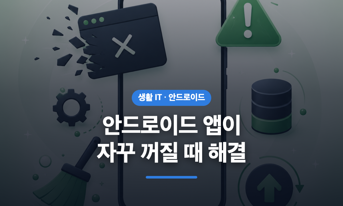 안드로이드 앱 강제 종료 문제를 단계별로 해결하는 과정을 표현한 일러스트