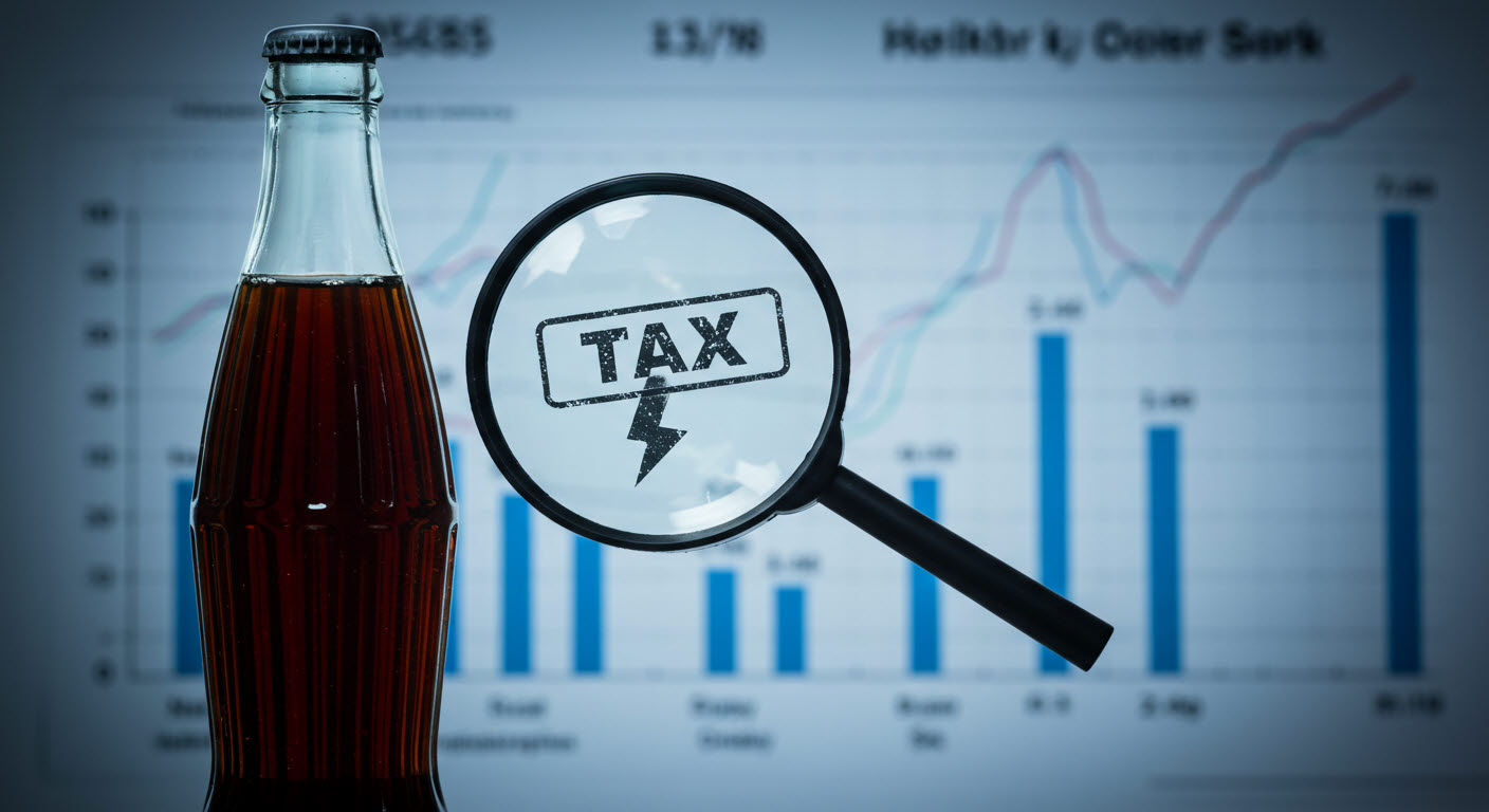 코카코라병에 콜라가 있고 돋보기에 tax의 표시가 되어있고 뒤에는 그래프가 over lab 되어있다