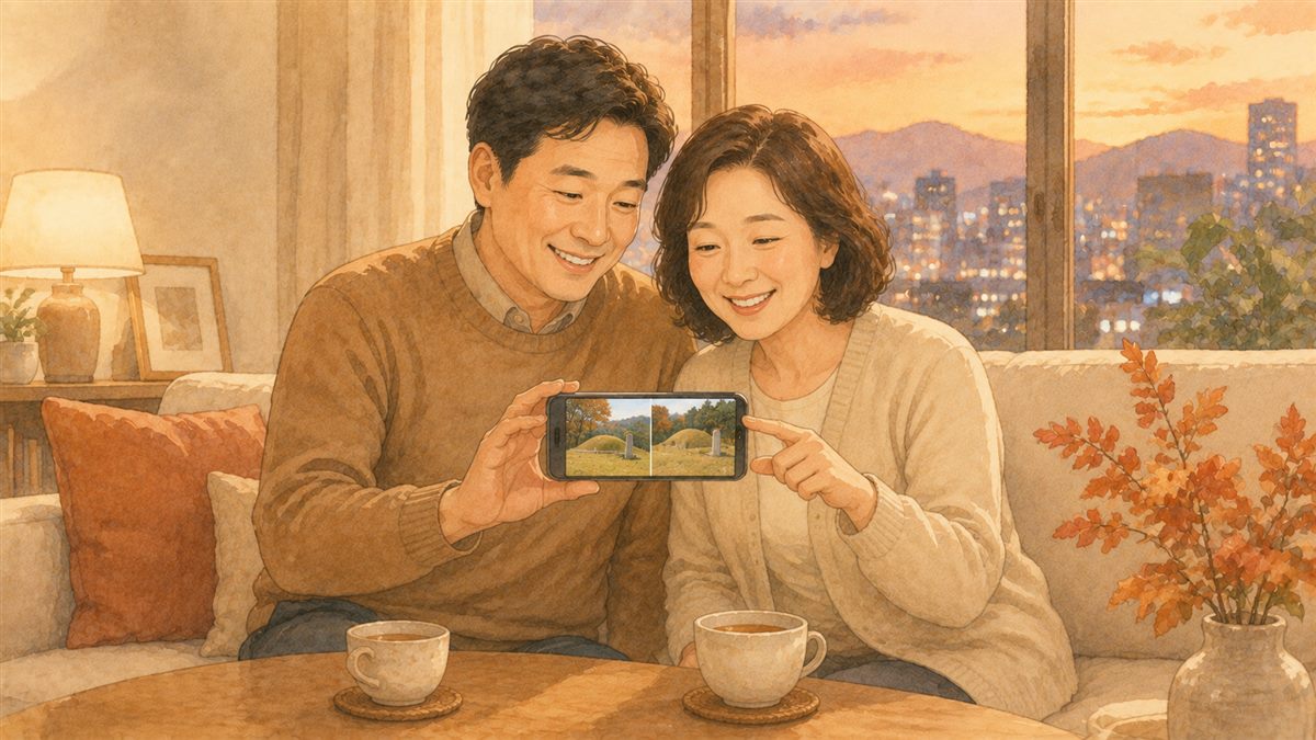 거실에서 부부가 스마트폰으로 벌초 대행 전후 사진을 확인하는 일러스트