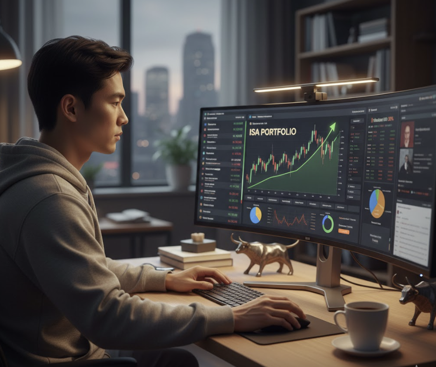 컴퓨터를 통해 자산을 나누고 투자하는 이미지