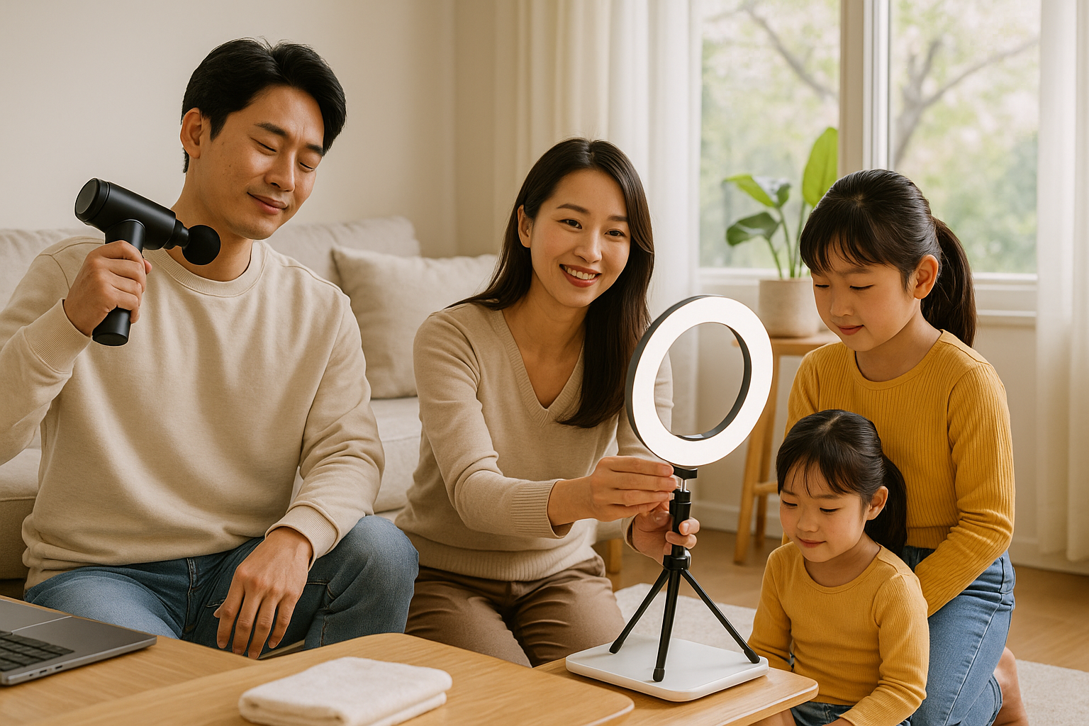 거실에서 건강 제품 사용 체험하는 가족