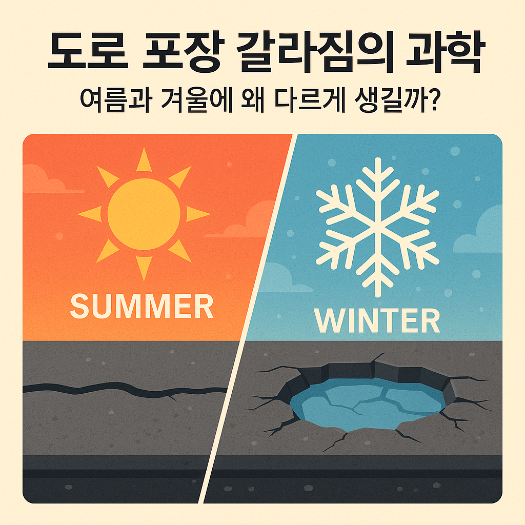 여름과 겨울의 도로 갈라짐 비교 이미지, 열팽창과 동결-융해 작용으로 인한 아스팔트 손상 차이 설명