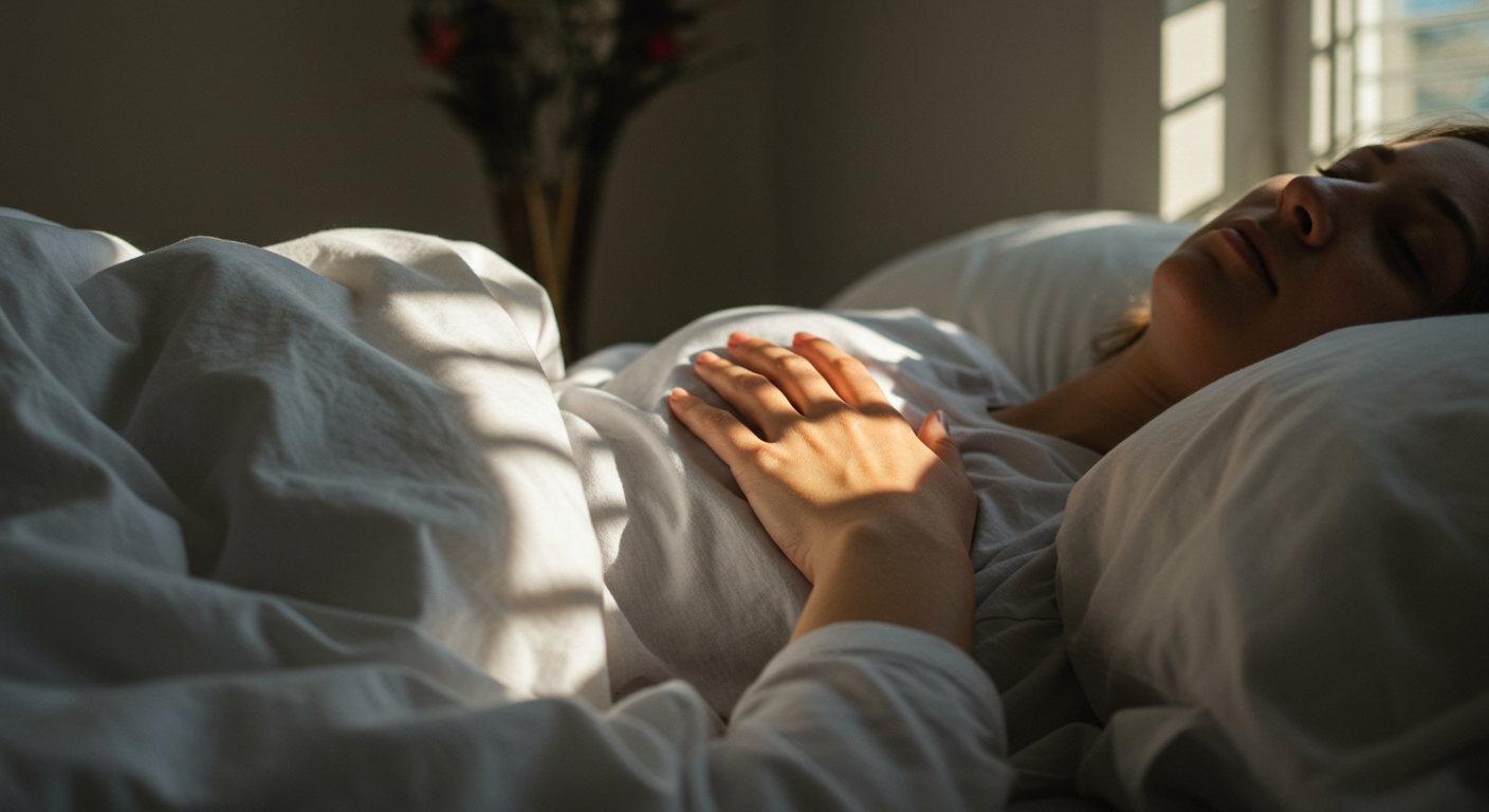 이불 위에 조용히 누운 사람의 손이 가슴 위를 감싼 모습, 자기 사랑의 감정을 표현