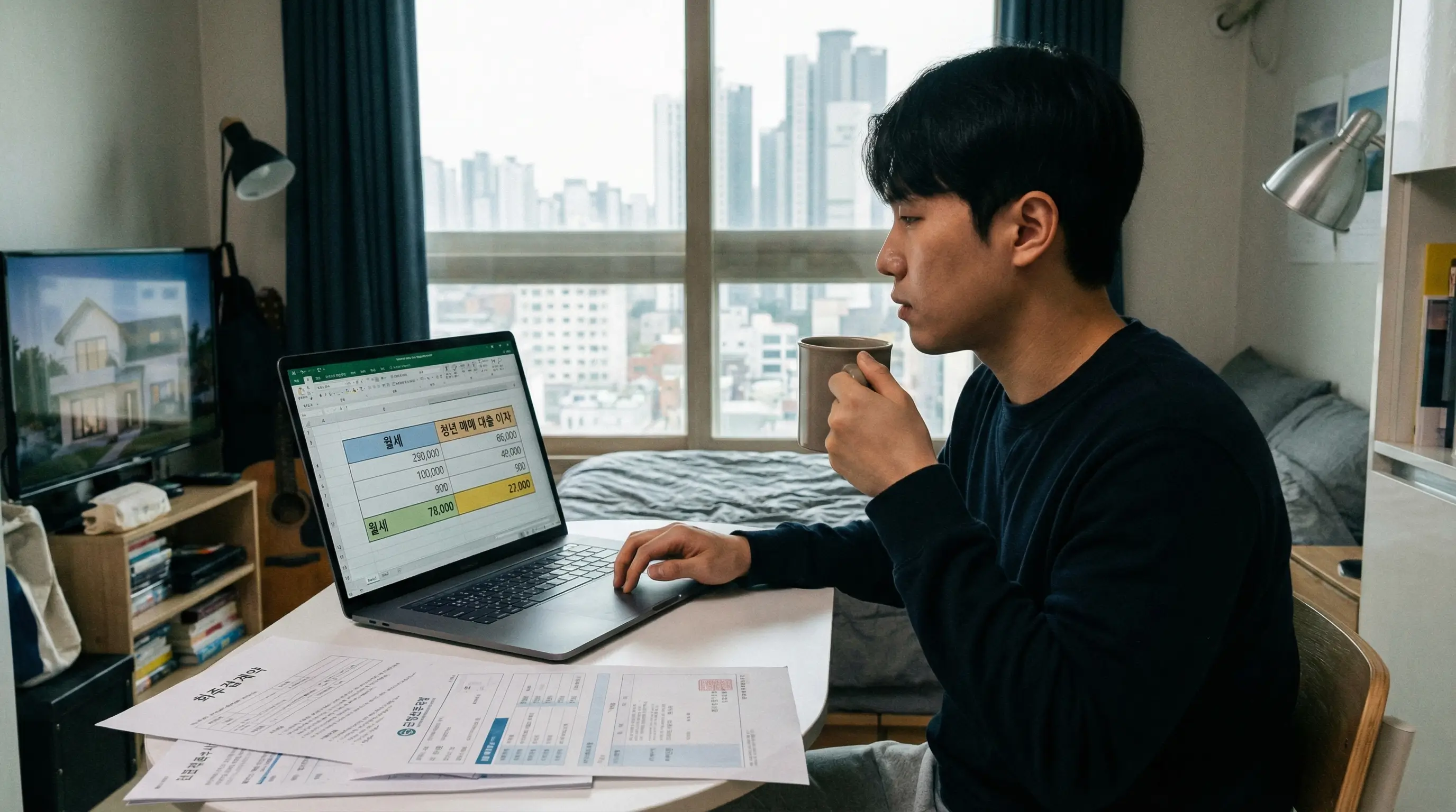 매달 나가는 월세와 저렴한 청년 매매 대출 이자를 비교하며 내 집 마련을 꿈꾸는 2030 청년의 모습