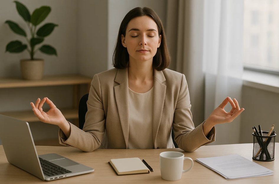 사무실에서 요가하는 30대 여성