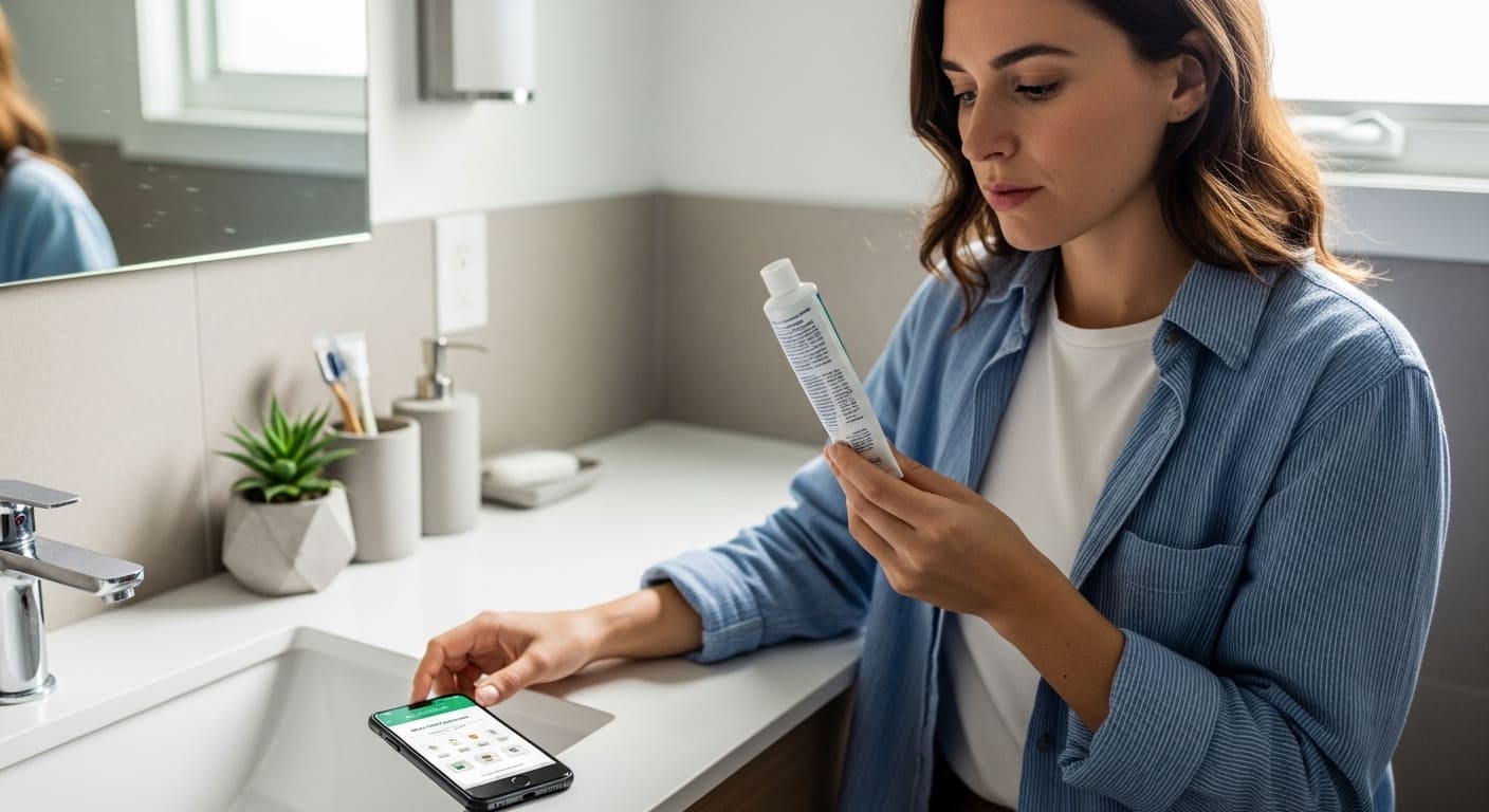 소비자가 치약 뒷면 성분표를 꼼꼼히 읽으며 제품을 고르는 모습