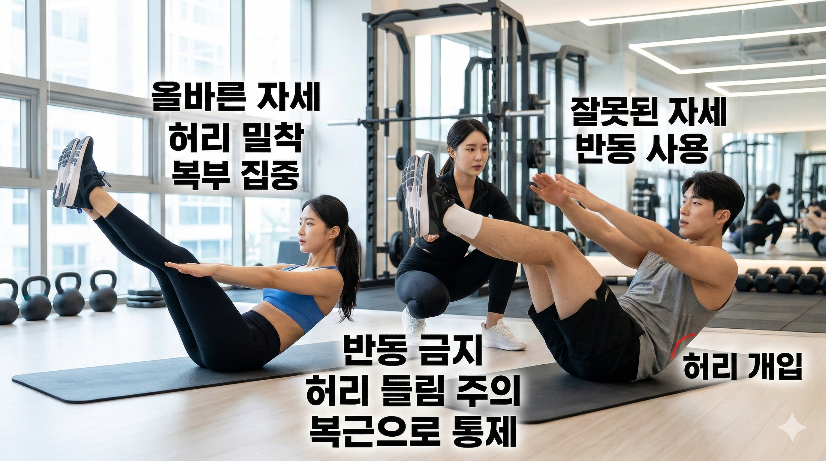 복근 운동 반동 사용 허리 개입 잘못된 자세