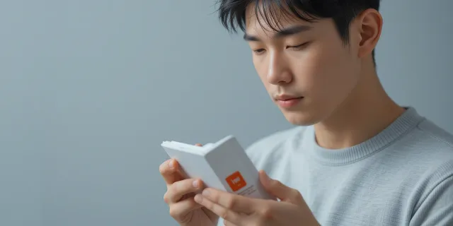 용기 라벨을 읽는 모습을 통해 스스로 용량을 점검하는 흐름을 보여주는 장면