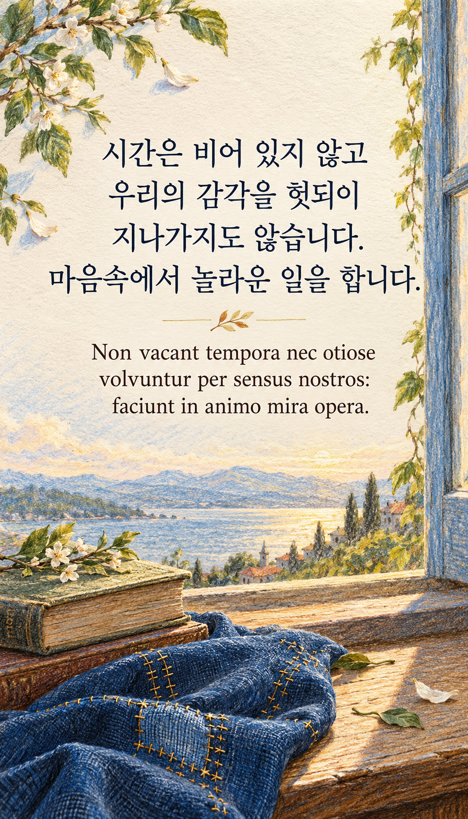 시간은 비어 있지 않고 우리의 감각을 헛되이 지나가지도 않습니다. 마음속에서 놀라운 일을 합니다. — 색연필로 그린 기운 천과 바느질, 종이 질감의 색연필 그림