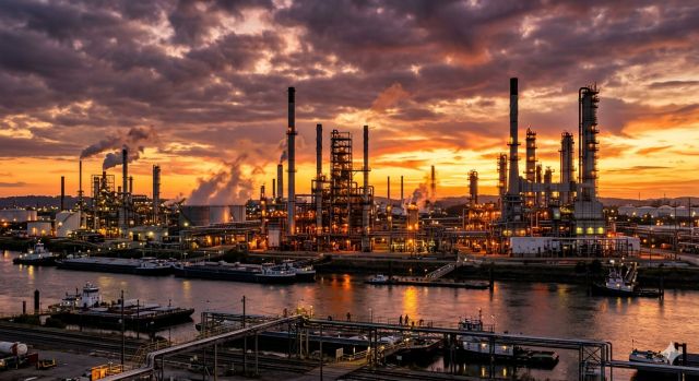 브렌트유 상승과 관련된 에너지 산업 정유 공장 전경 이미지