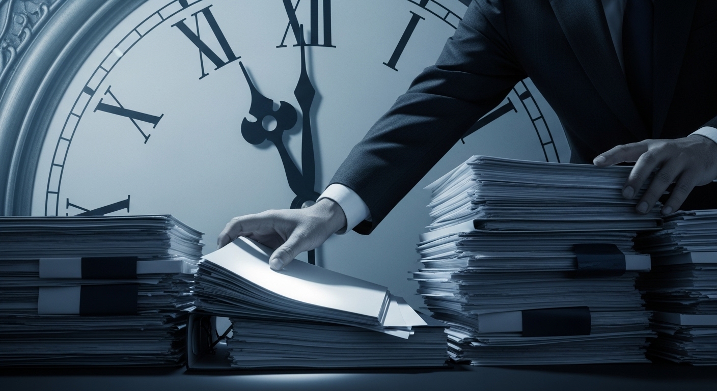 마감 시한을 앞두고 검사의 손이 서류를 분류하는 긴박한 모습. 정의를 위한 시간과의 싸움을 상징.