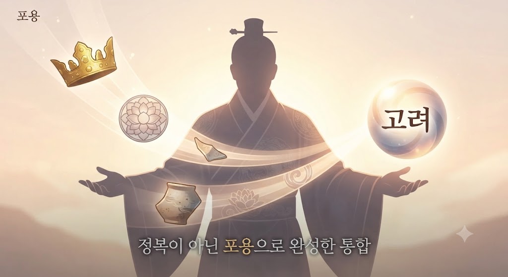후삼국의 주역이었던 신라, 후백제, 발해의 상징(관모, 백제 금동대향로 문양, 발해 치미)이 왕건의 손을 거쳐 하나의 거대한 '고려'라는 그릇 속으로 부드럽게 녹아드는 모습을 상징적으로 그렸습니다. 적을 섬멸하는 것이 아니라 모두 껴안았던 통합의 리더십을 표현했습니다.