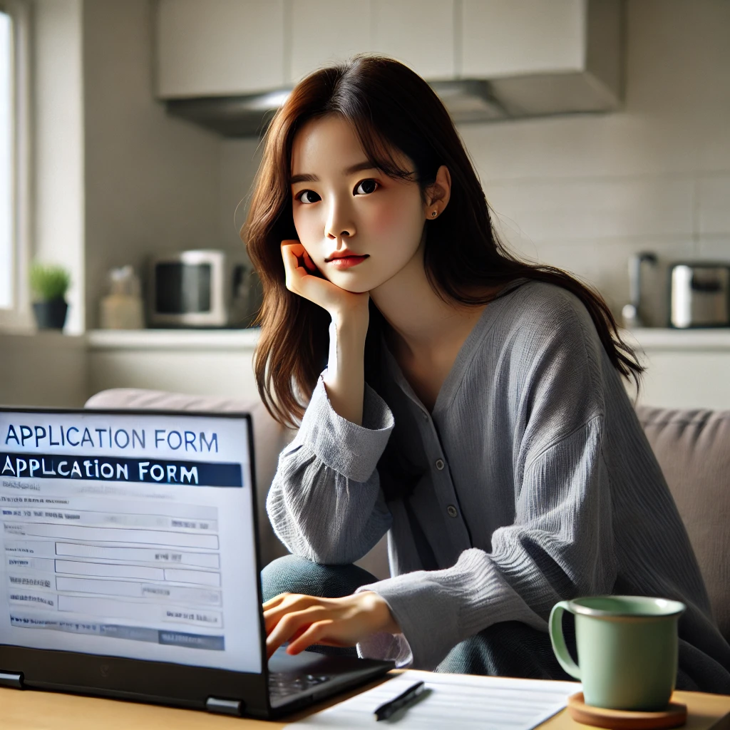 집에서 노트북으로 실업급여 신청 중인 한국 여성 