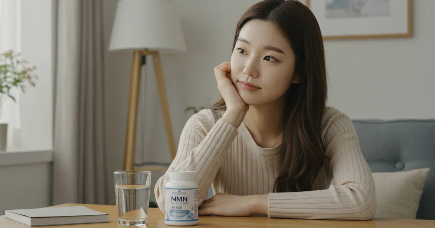 거실에서 NMN영양제를 고민하고 있는 여성 이미지
