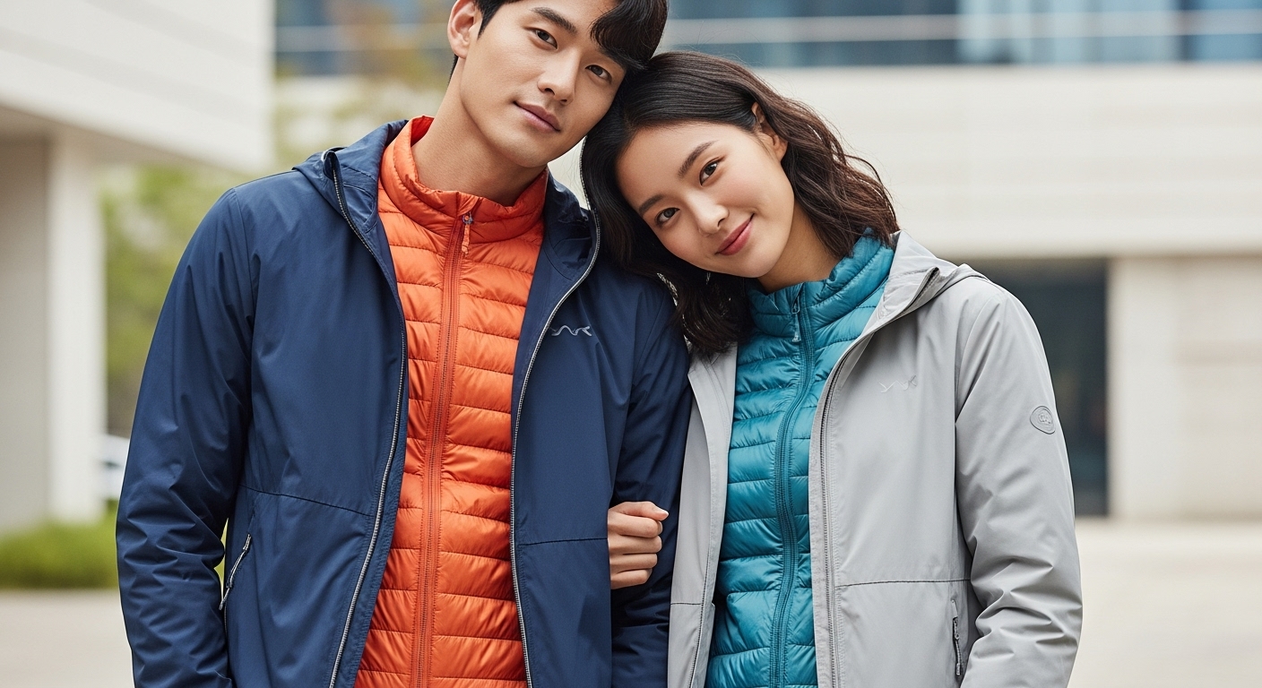 바람막이 안에 경량 패딩 조끼를 레이어드한 남녀
