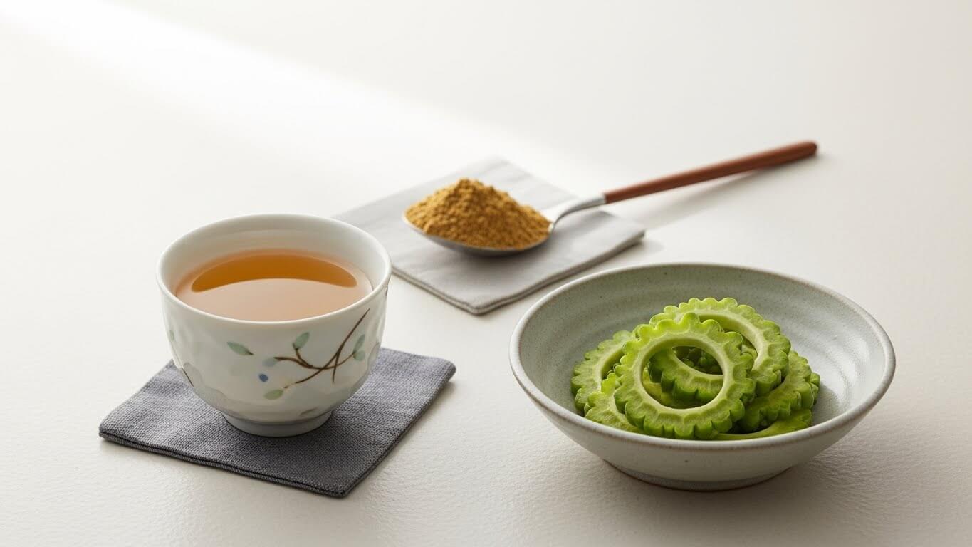 말린 여주 차와 슬라이스된 여주를 함께 담은 일상적인 섭취 장면