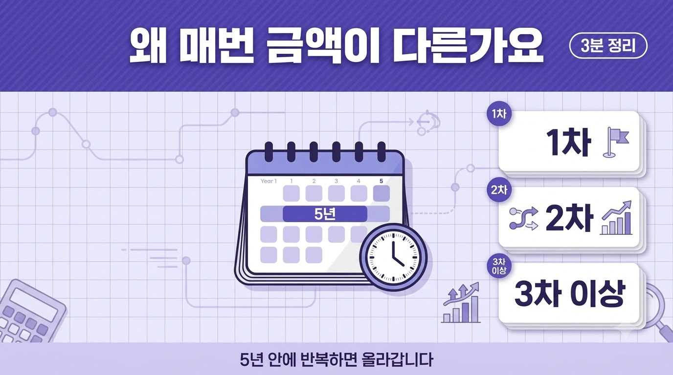 산업안전보건법 과태료가 1차·2차·3차로 가중되는 5년 기준을 정리한 이미지