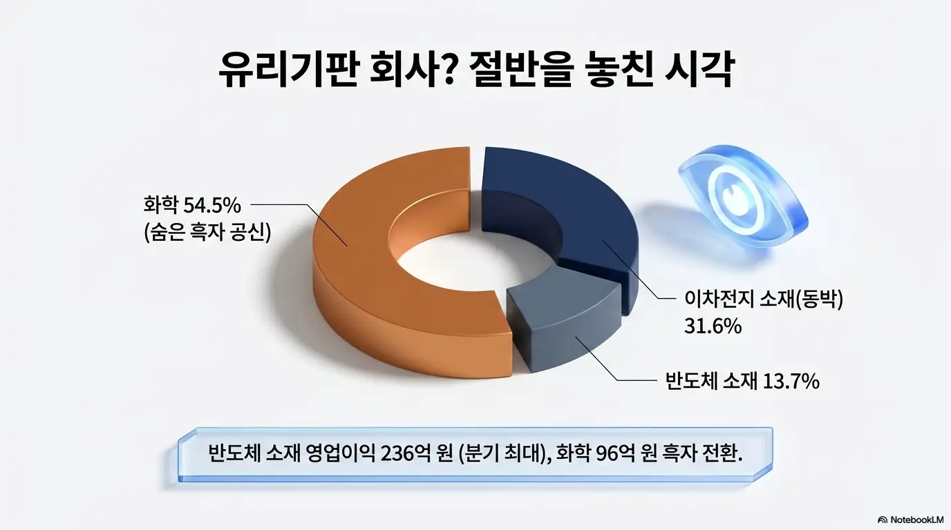 SKC 주가 전망: SKC의 부문별 매출 비중을 도넛 차트로 표현한 이미지. 화학 54.5퍼센트&amp;#44; 이차전지 소재 동박 31.6퍼센트&amp;#44; 반도체 소재 13.7퍼센트로 구성되어 유리기판 회사로만 보면 본업 절반을 놓친다는 점을 강조함. SKC 사업 구조와 화학 흑자 전환을 시각적으로 설명함. 