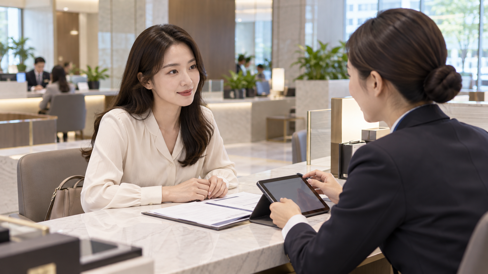 은행 창구에서 청년미래적금 가입 요건을 상담하는 모습