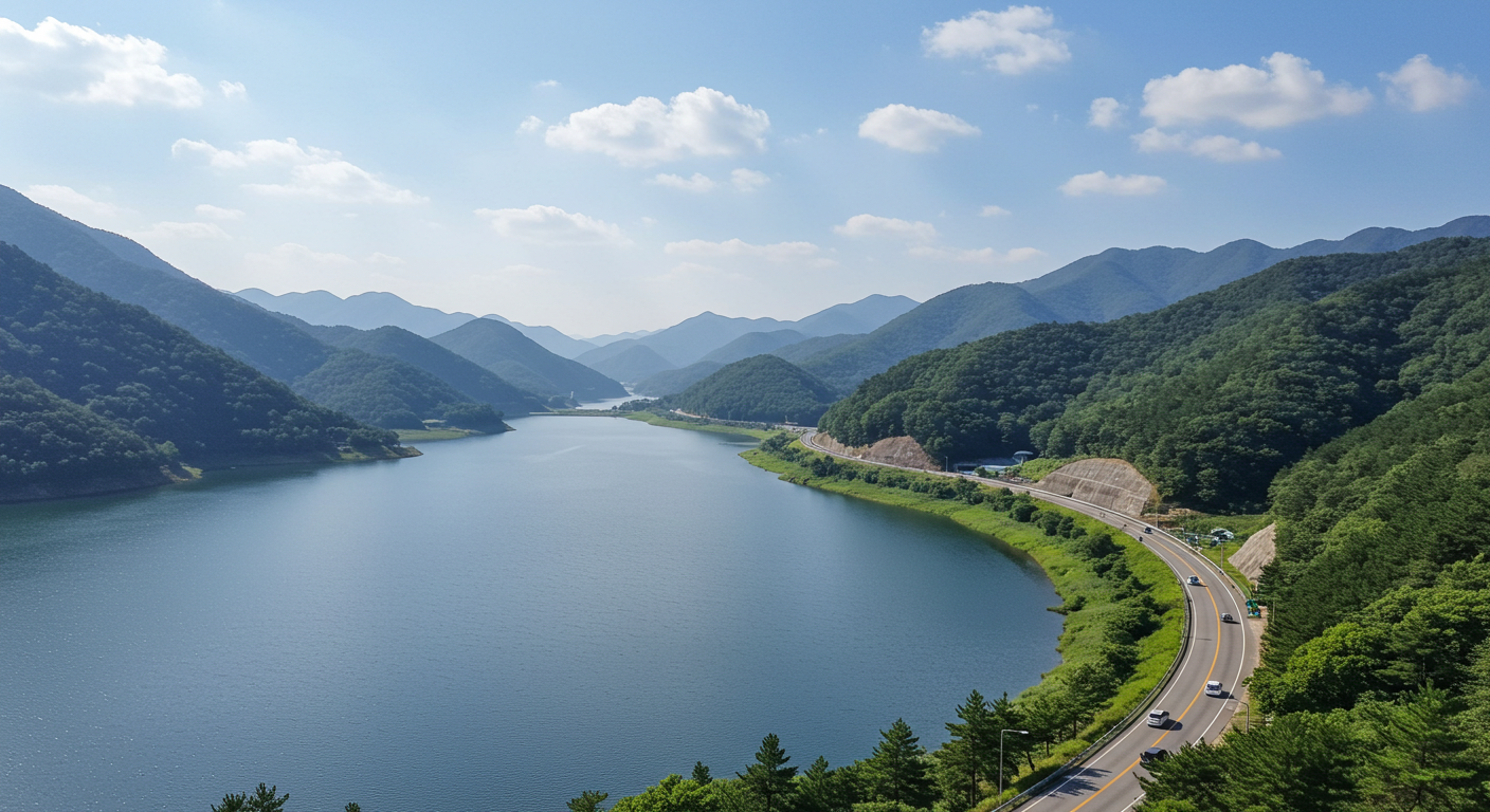 춘천 의암호의 아름다운 호숫길을 달리는 자동차.