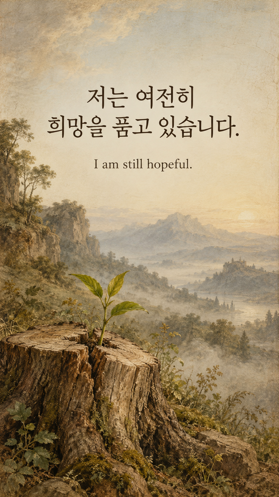 저는 여전히 희망을 품고 있습니다. &mdash; 잘린 나무 그루터기에서 돋는 새싹과 먼 안개 산맥, 다빈치풍 섬세한 자연 연구 드로잉과 스푸마토 색채