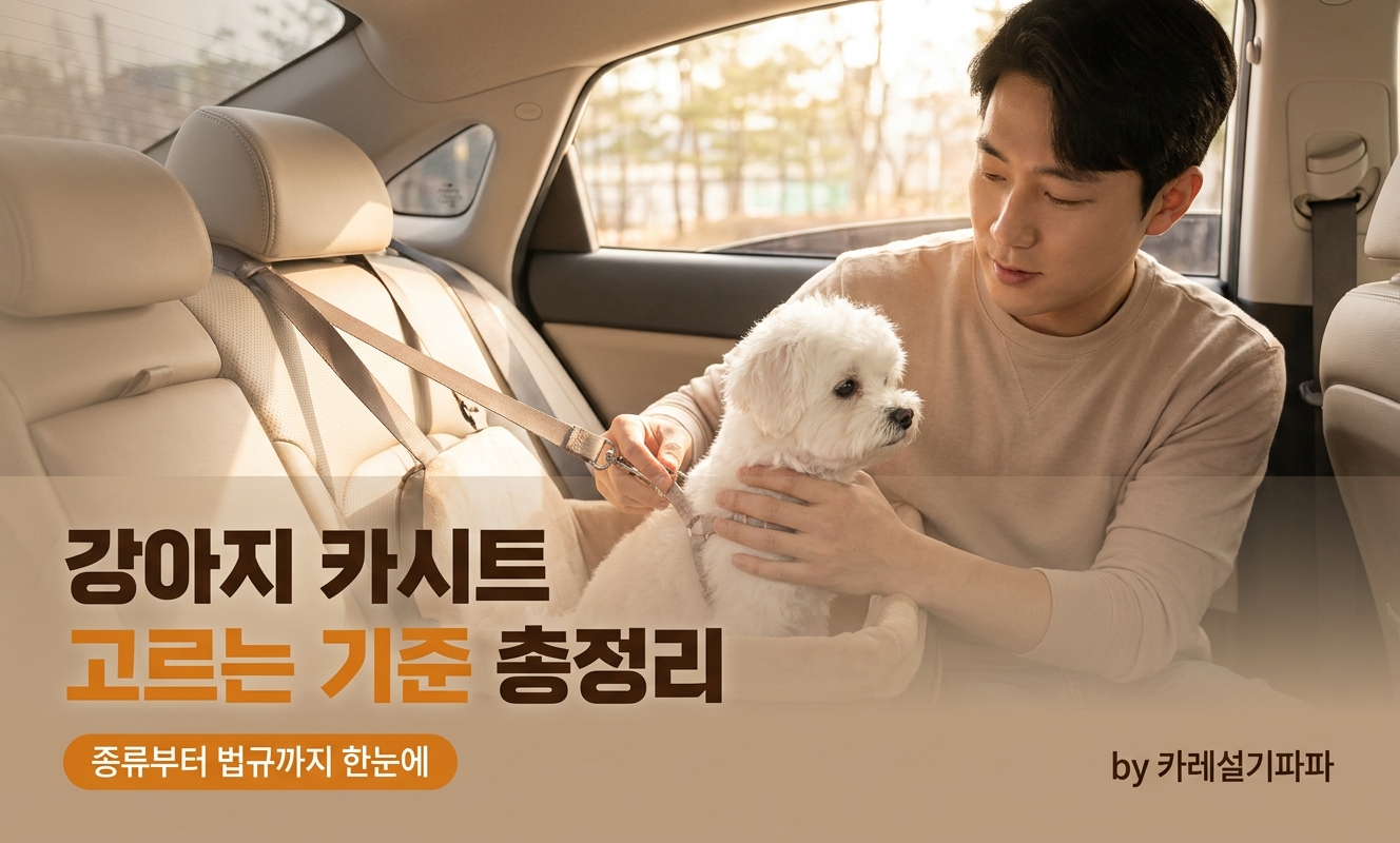 뒷좌석에 강아지 카시트 고정하는 남성