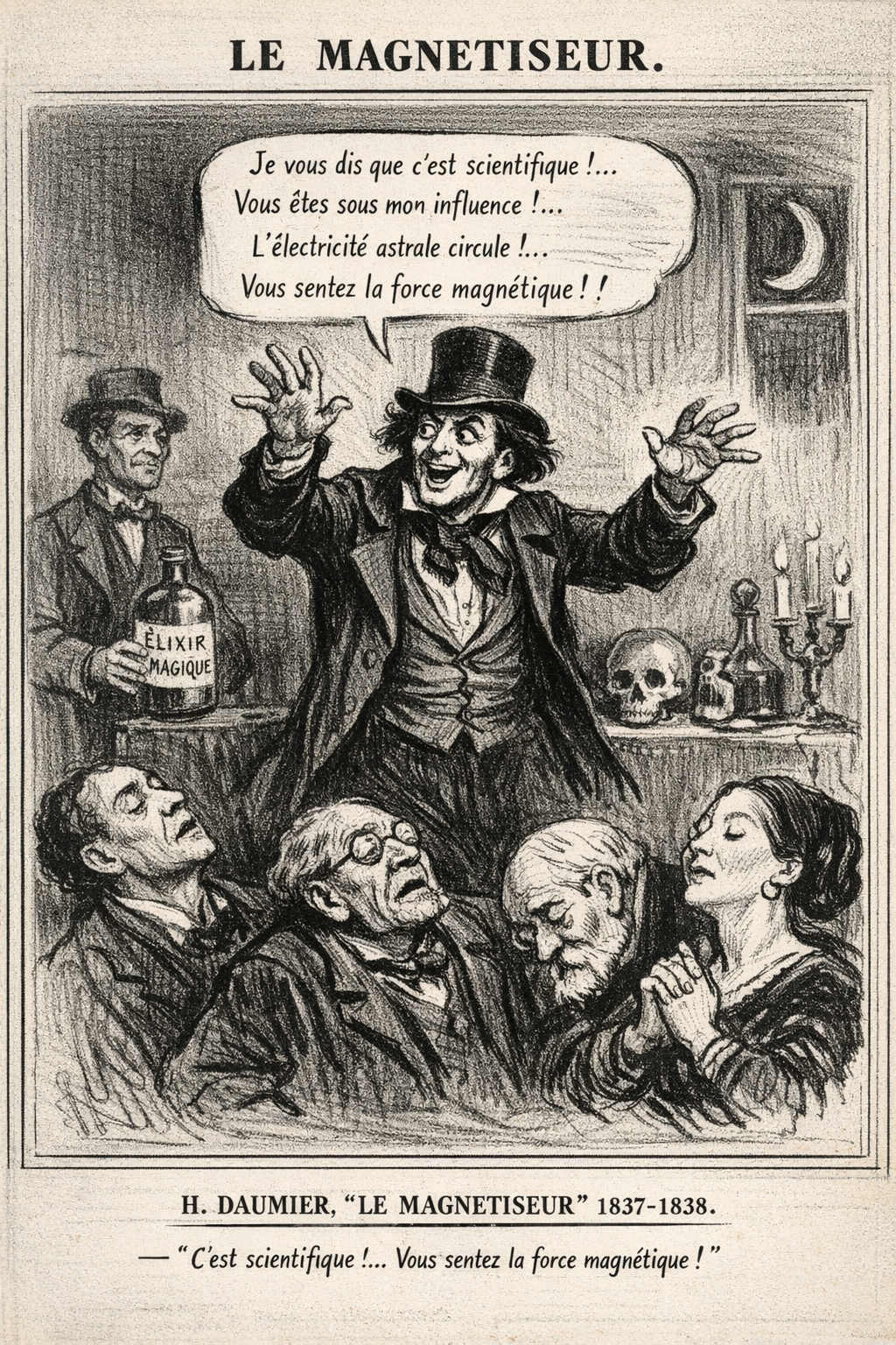 오류에 쉽게 빠지는 자칭 전문가들에 대한 풍자 그림, 쳇 지피티가 오노레 도미에 그림을 참고하여 생성