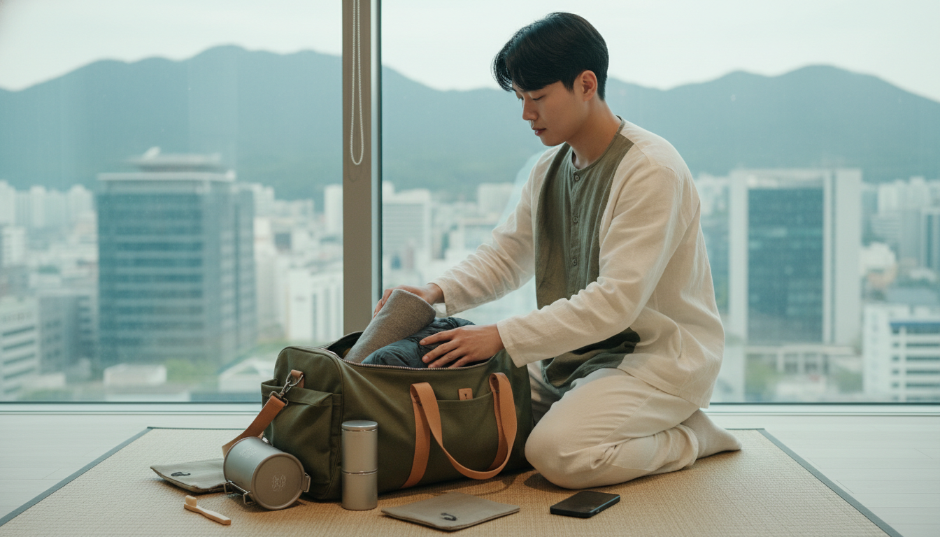 깔끔하게 정리된 옷과 캠핑 장비들을 더플백에 수납하는 현대 한국인 캠퍼. 효율적인 짐 싸기 노하우를 보여주는 미니멀 캠핑 더플백.