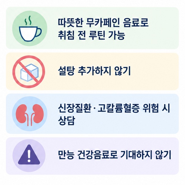 바나나를 자르고 물에 5~10분 끓여 건더기를 거른 뒤 마시는 방법과 신장질환의 칼륨 섭취 주의를 보여주는 안내 그림