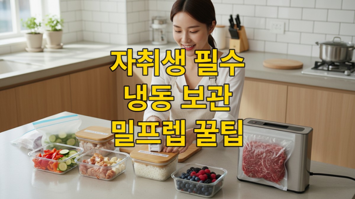 다채로운 밀프렙 식재료가 담긴 유리 용기와 실리콘 지퍼백, 그리고 진공 포장기가 깔끔하게 정돈된 현대적인 한국 주방 전경