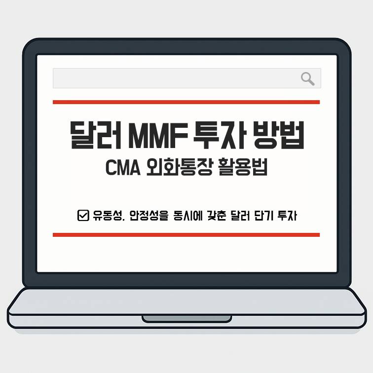 은행 이자보다 수익률이 높은 달러 MMF 투자 방법과 CMA 외화통장 활용법을 설명하는 메인 제목 이미지로, 노트북 화면에 달러 단기 투자 핵심 문구가 표시된 그래픽.