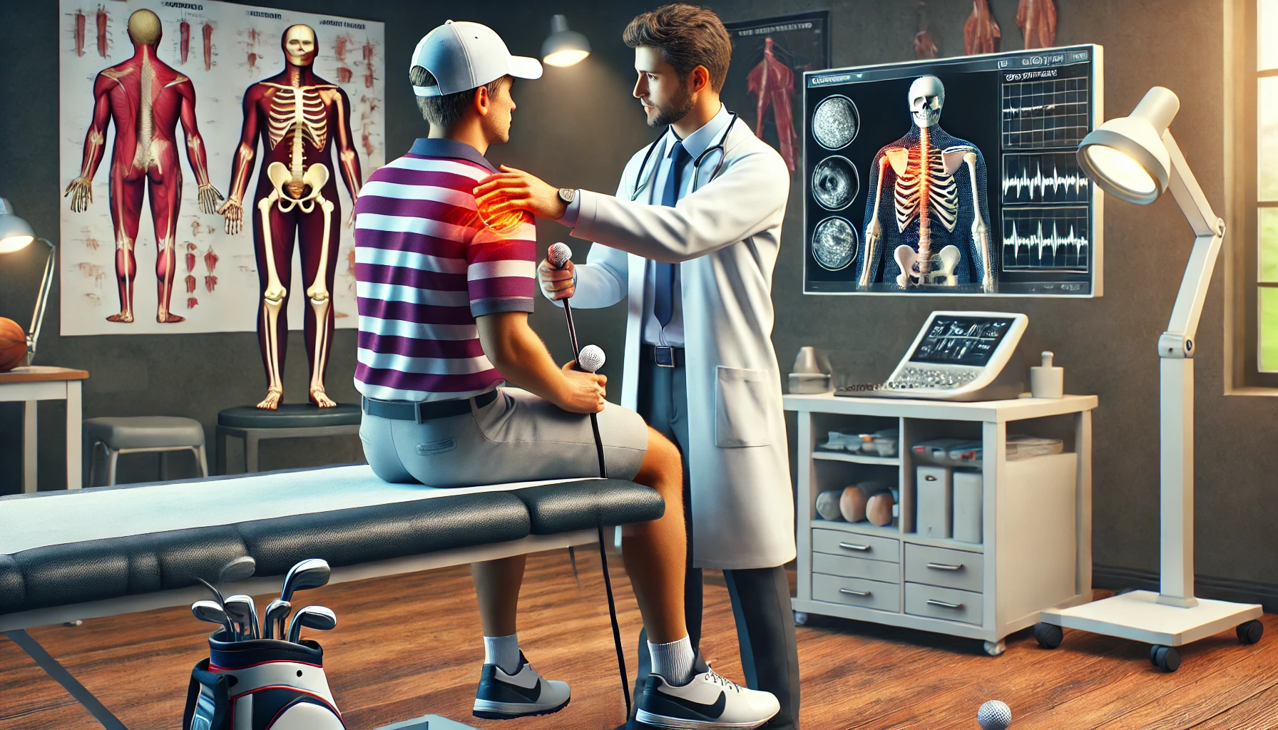 어깨 통증으로 스포츠 클리닉을 방문한 골퍼가 전문의의 진료를 받는 장면. 의사가 초음파 장비를 사용해 어깨를 검사하고 있으며, 배경에는 어깨 해부학 다이어그램이 표시된 모니터가 있음. 현대적인 병원 환경에서 진지하고 전문적인 분위기가 강조됨.