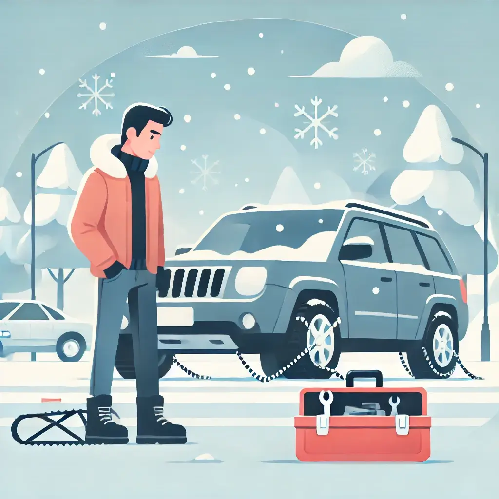 폭설에 대비해 차량 부품과 정비를 준비하는 남자의 일러스트.