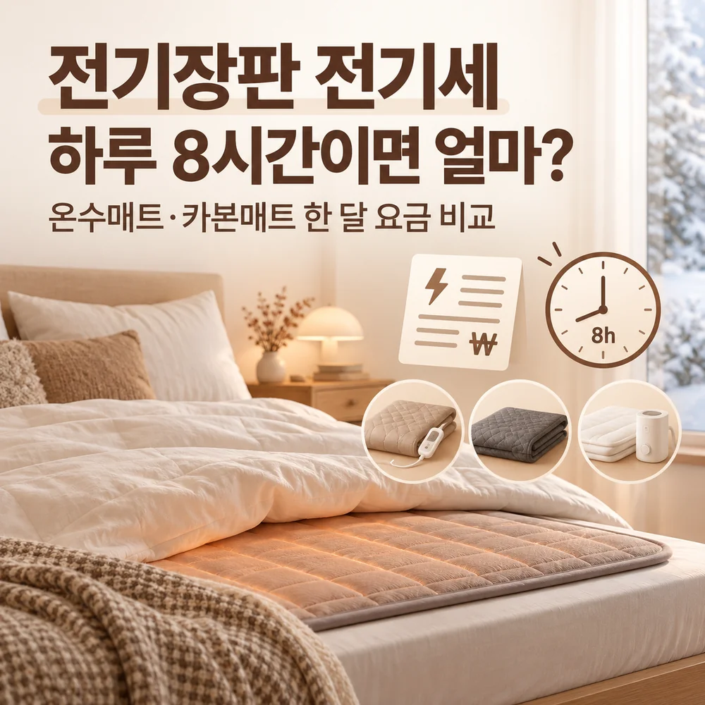 전기장판 전기세 하루 8시간 사용 비용과 카본매트 온수매트 비교를 표현한 겨울 침실 이미지