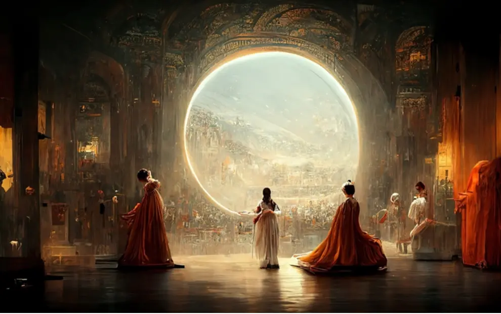 미국-공모전에서-우승-수상한-제인슨-앨런의-그림-우주-오페라-극장의-그림-사진으로-가운데-하얀-드레스를-입은-여성이-궁궐-안에서-그림-중앙에-커다랗게-뚫려있는-공간으로-바깥-행성을-보고있는-그림