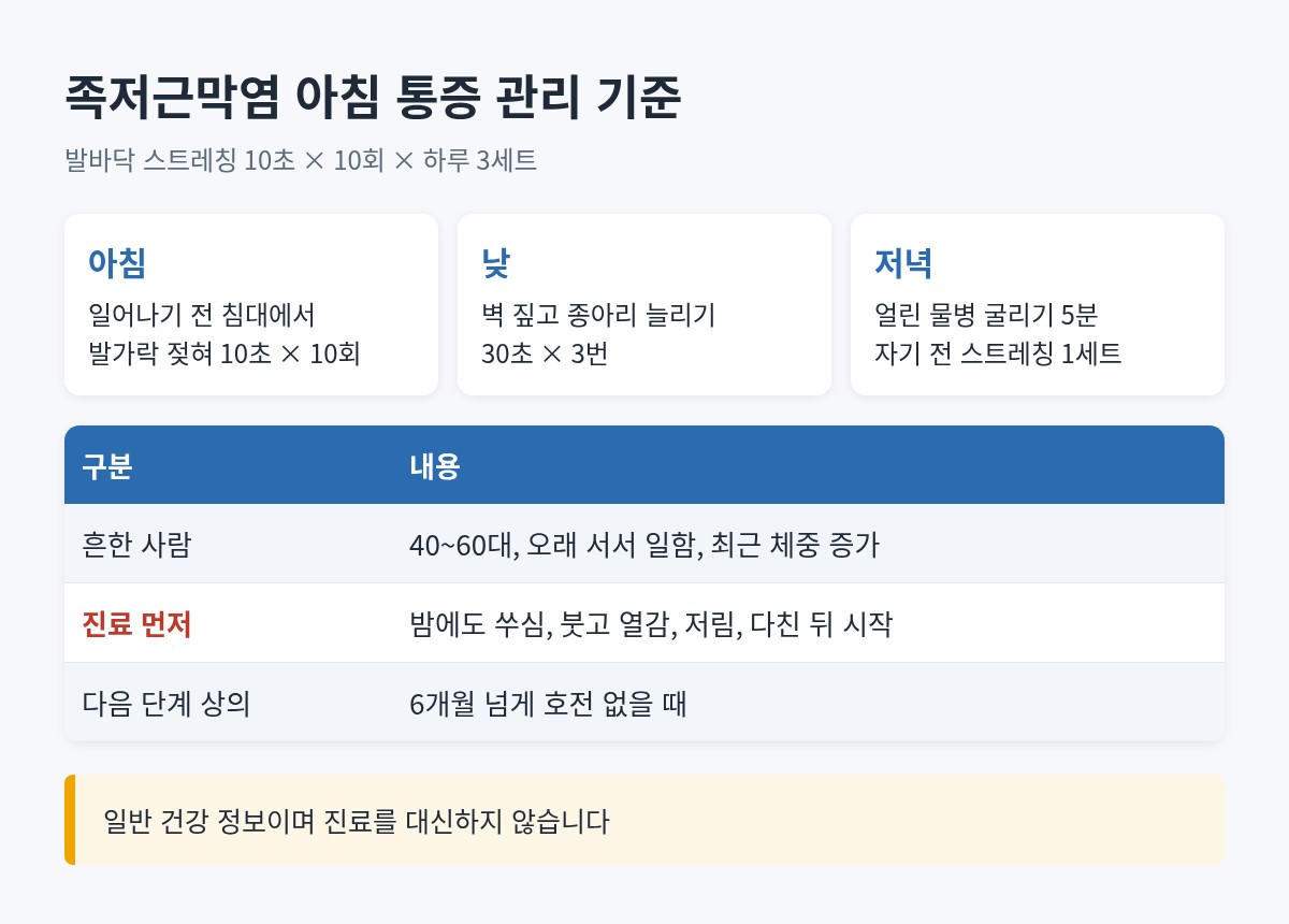 족저근막염 하루 스트레칭 루틴 10초&times;10회&times;3세트와 위험 요인&middot;진료 기준 정리표
