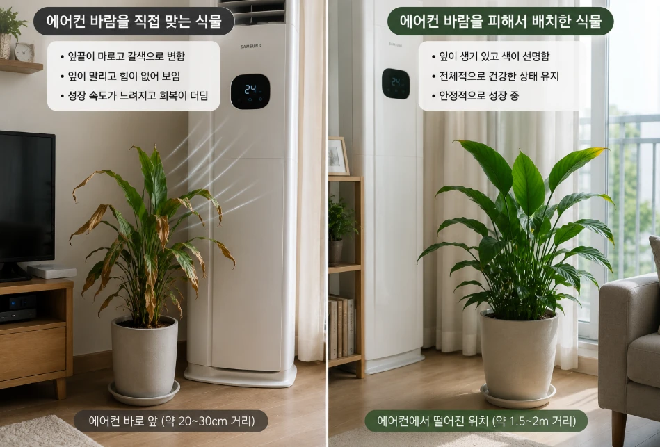 에어컨 바람이 직접 닿는 위치의 식물 잎이 마르고 처진 모습과 다른 위치의 식물 모습