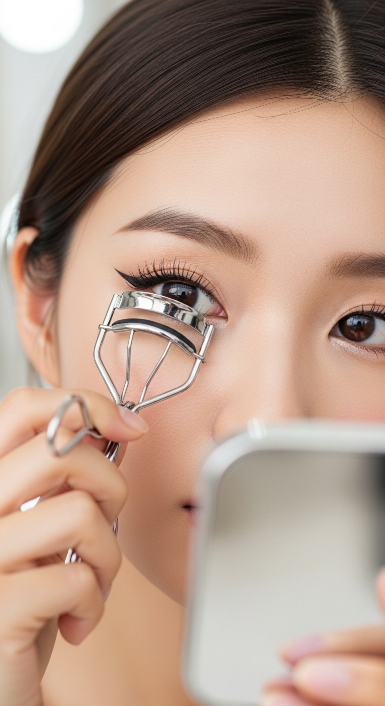 속눈썹을 뷰러로 컬링하여 또렷한 눈매를 만드는 과정