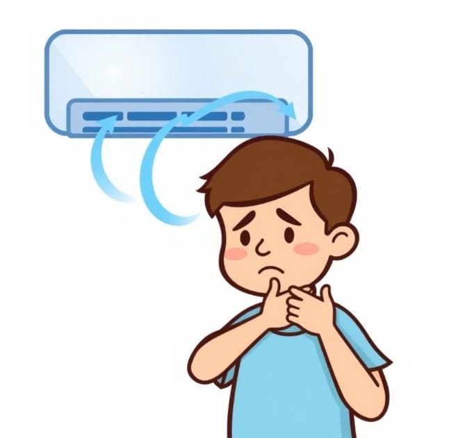 냉방병 증상으로 목이 아파서 손을 목에 대고 있는 남자입니다.
