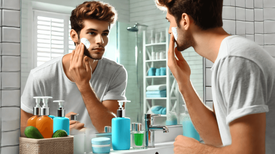 화장실 거울앞에서 스킨케어하고 있는 남성