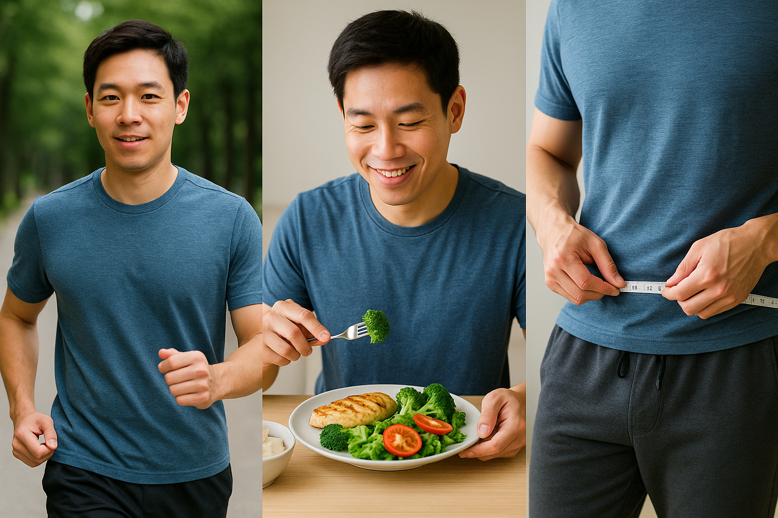 40대 남성의 체중 관리 실천 이미지 (걷기, 식단, 허리둘레 측정)