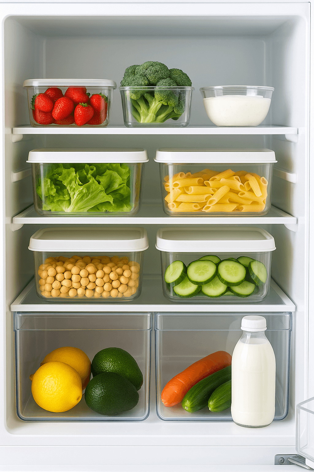 깔끔하게 정리된 한국 가정집 냉장고 내부, 식품들이 투명 용기에 담겨 있고 라벨에 날짜가 표시된 모습