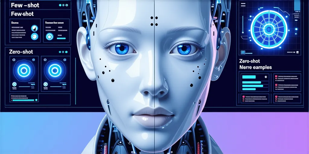 AI 모델이 Few-shot과 Zero-shot 프롬프트를 통해 데이터를 분석하는 모습을 보여주는 디지털 일러스트레이션