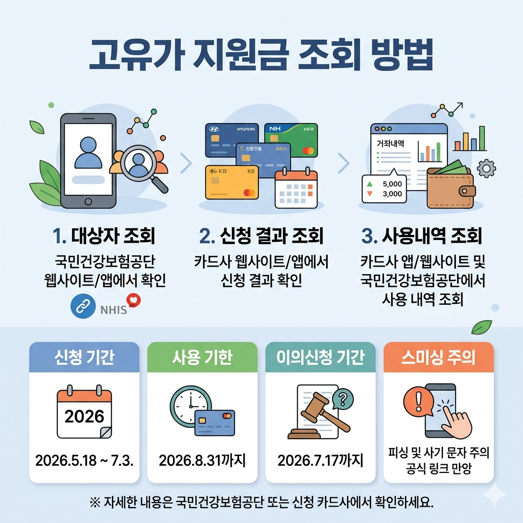 고유가 지원금 조회 방법｜대상자 확인&middot;신청결과&middot;사용내역 조회 인포그래픽