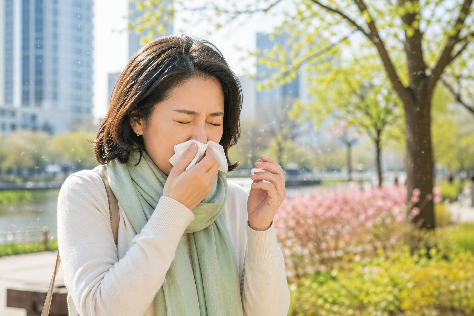 40대 이후 갱년기 호르몬 변화로 면역 과민반응이 증가해 봄철 꽃가루 알레르기 증상이 심해진 한국 여성, 도시 공원에서 티슈로 재채기를 참는 모습
