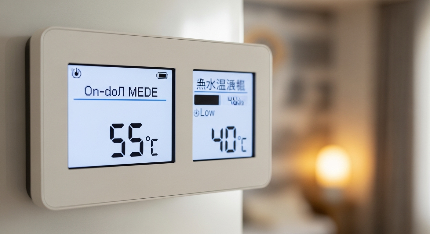 보일러 컨트롤러에 온돌 모드 55도, 온수 온도 낮음(40도)으로 설정된 모습.