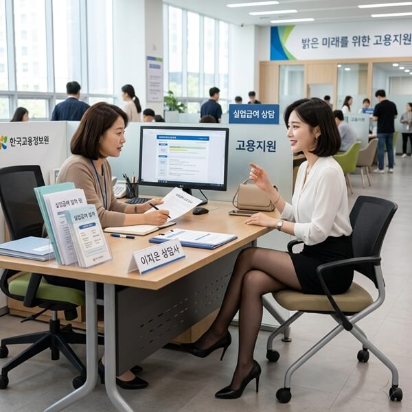 권고사직 실업급여 수급 조건에 관하여 상담을 해주고 있는 모습